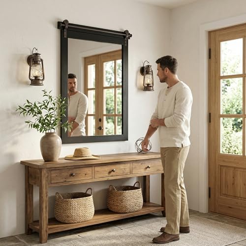 24"x36" Black Wood Grain Barn Door Vanity Mirror with Wood Header