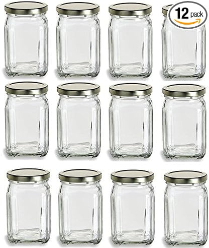 Nakpunar Victorian Square Glass Jars with Plastisol Lined Lids (10 fl oz, Gold)