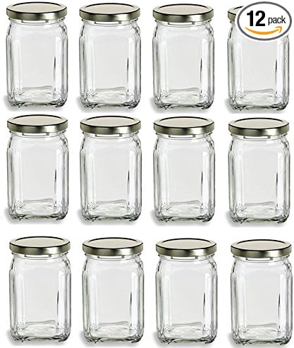 Nakpunar Victorian Square Glass Jars with Plastisol Lined Lids (10 fl oz, Gold)
