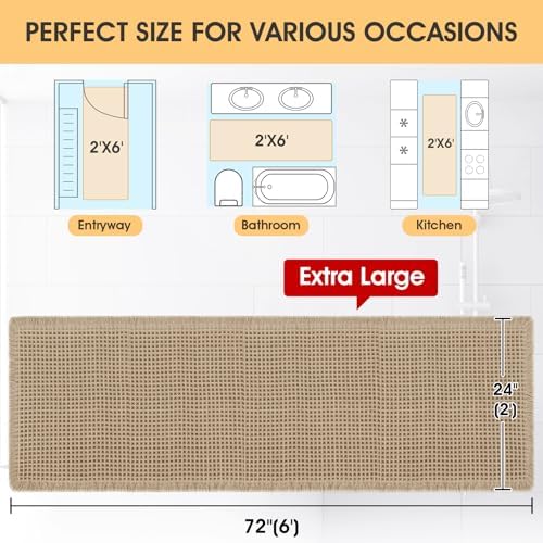 Extra Large Waffle Bath Mat Beige 6'x2'(72" x 24"), Boho Woven Modern Bath Mat Rugs, Absorbent Non Slip Bathroom Rugs, Soft Washable Bath Rugs with Tassels for Bathroom, Bedroom, Kitchen, Shower, Tub