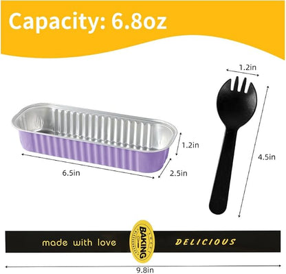 Lavender Purple Mini Loaf Pans with Lids & Spoons, 30 Count 6.8oz Disposable Aluminum Foil Cake Pans, Mini Cake Containers & Baking Tins for Desserts, Party Favors, Baking & Gift Packaging