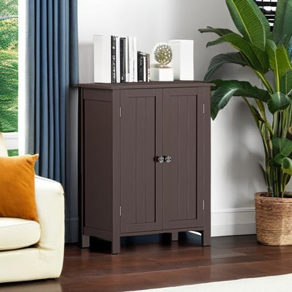 ZENY Bathroom Floor Storage Cabinet with Double Door + Adjustable Shelf, Wooden Organizer Cabinet for Living Room, Bathroom, Bedroom, Modern Home Furniture (Brown)
