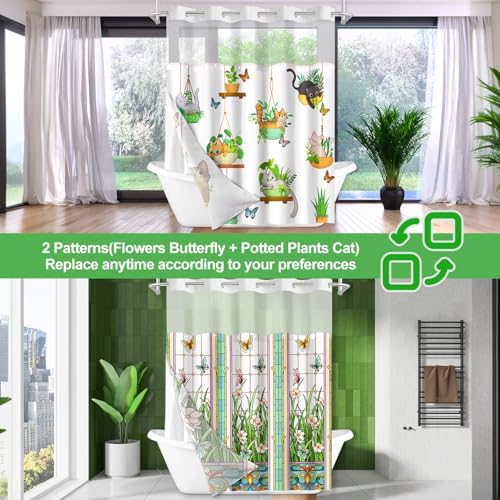 No Hook Shower Curtain Snap in Liner with 2 Replaceable Curtain Panels Pattern Waterproof Fabric Washable Shower Curtain Set for Bathroom Bathtub, Hotel Style with See Through Mesh Top Window 71 x 74"