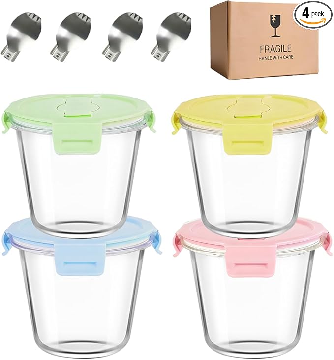 3 Cup Round Glass Soup Containers with Lids and Spoon, 24oz Round Glass Food Containers, BPA free Tall Meal Prep Bowls for Soup Leftover, Microwave, Dishwasher, and Freezer Safe (4 Packs)