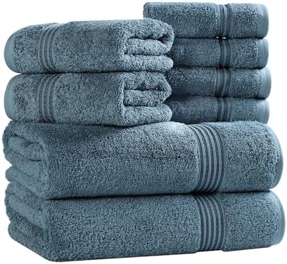 Superior Egyptian Cotton 8-Piece Towel Set, Assorted Towels for Home Bathroom, Guest Bath Decor Essentials, Includes 2 Bath, 4 Hand, 2 Face Towels/Washcloths, Quick Dry, Absorbent, Sapphire