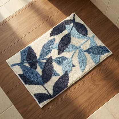 Blue Leaves Bath Mats Bathroom Rugs Non-Slip Soft Microfiber Absorbent Machine Washable Entrance Doormat Boho Carpet for Bathroom Floor Tub Shower 17.5 X 25.5 Inches