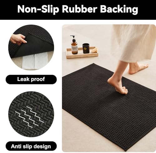Triohero Bathroom Rugs Non Slip Washable, Super Absorbent Thin Bath Mat Small Quick Dry Low Pile Bathroom Rug, Black 20"x30"