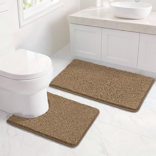 Bcoimo U Shaped Bath Rug Mat Set,2 Piece Chenille Tan Toilet Bathroom Rugs