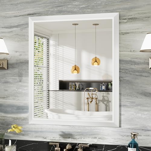 Briivue Bathroom Wall Mirror, White Metal Frame, 36x30 Inch