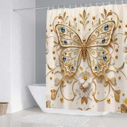 Chrainy 4pcs Golden Butterfly Shower Cutain Set Bathroom Decor Accessories