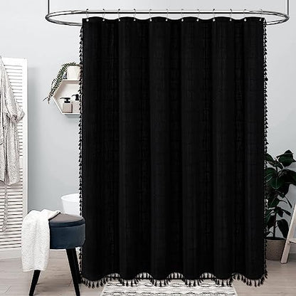 BTTN Black Boho Farmhouse Linen Heavy Duty Fabric Shower Curtain Set, 72x72