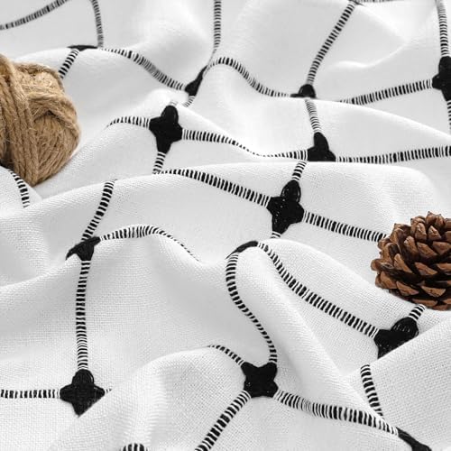 Boho Farmhouse Classic Plaid Linen Tassel Shower Curtain Ivory Black,72x84