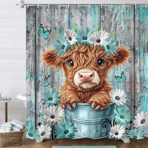 Funny Highland Cow Shower Curtain for Bathroom Decor, Teal Farm Teal Daisy Floral Flowers and Butterfly on Country Wooden Farmhouse Bath Curtain Country Animal Flower Waterproof 12 Hooks 47X64in