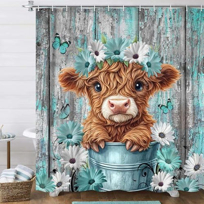 Funny Highland Cow Shower Curtain for Bathroom Decor, Teal Farm Teal Daisy Floral Flowers and Butterfly on Country Wooden Farmhouse Bath Curtain Country Animal Flower Waterproof 12 Hooks 60x72in