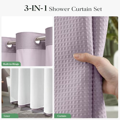 Dynamene Lavender Hook Free Waffle Shower Curtain & Snap Fabric Liner,72x75