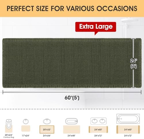 IM HOME Waffle Bath Mat Dark Green 5'x2', Boho Woven Modern Bath Mat Rugs, Absorbent Non Slip Bathroom Rugs, Soft Washable Bath Rugs with Tassels for Bathroom, Bedroom, Kitchen, Shower, Tub