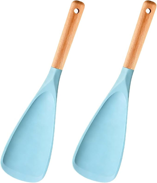 2 Pcs Wooden Handle Silicone Cooking Spoon Set for Nonstick Cookware Cooking, Baking, Stirring ，BPA-Free Heat-Resistant Spatula for Mixing, Flipping, Scraping (2 Pcs Blue)