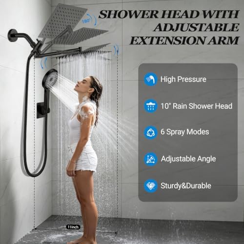 Shower Head,10”Rain Shower Head with Handheld Spray Combo with 11'' Angle Adjustable Extension Arm/Flow Regulator/Shower System,High Pressure Rainfall Shower Head Clean Bathroom,Matt Black