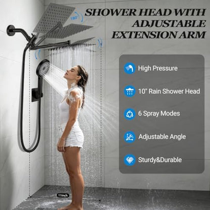 Shower Head,10”Rain Shower Head with Handheld Spray Combo with 11'' Angle Adjustable Extension Arm/Flow Regulator/Shower System,High Pressure Rainfall Shower Head Clean Bathroom,Matt Black