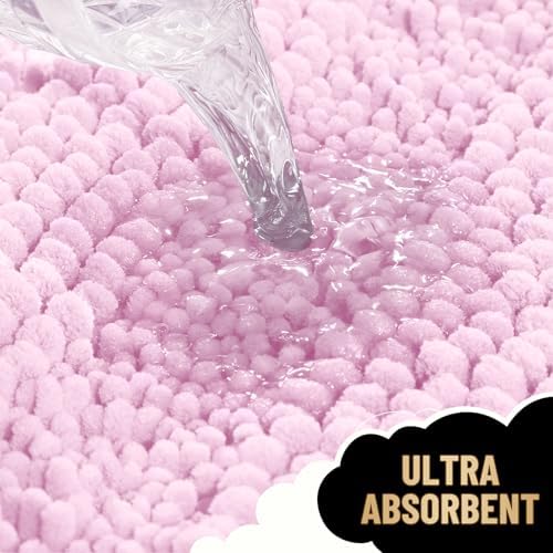 OLANLY Thick Bathroom Rugs 30x20, Soft Chenille Striped Bath Rugs, Pink