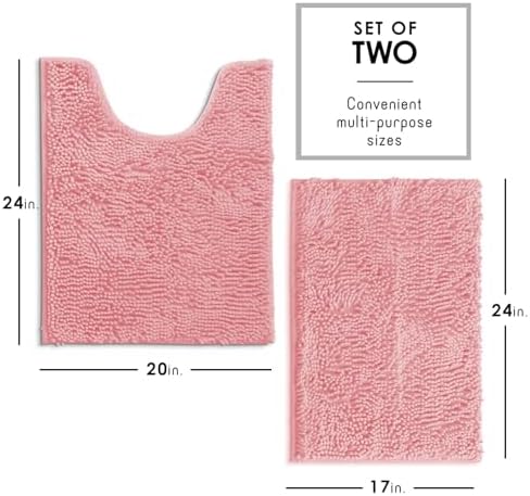 Hearth & Harbor Bathroom Rugs, Chenille Bath Mat - Machine Washable Bath Mats for Bathroom Non-Slip Backing Rubber, Quick Dry Bathroom Mat, 17 x 24 + 20 x 24 - Pink