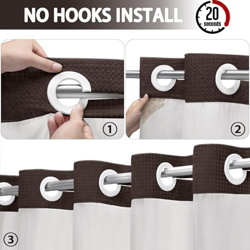 No Hook Shower Curtain with Liner Set Hotel Waffle Brown Striped 72W X 75L