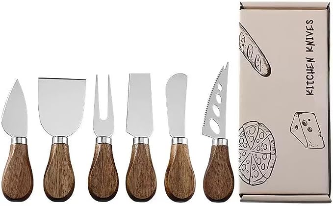 Premium Stainless Steel Cheese Tool Set - Acacia Cheese Knife Set - Cut, Spread All Your Favorite Cheeses (6 Acacia Cheese Set)
