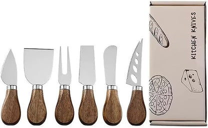 Premium Stainless Steel Cheese Tool Set - Acacia Cheese Knife Set - Cut, Spread All Your Favorite Cheeses (6 Acacia Cheese Set)