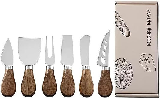 Premium Stainless Steel Cheese Tool Set - Acacia Cheese Knife Set - Cut, Spread All Your Favorite Cheeses (6 Acacia Cheese Set)