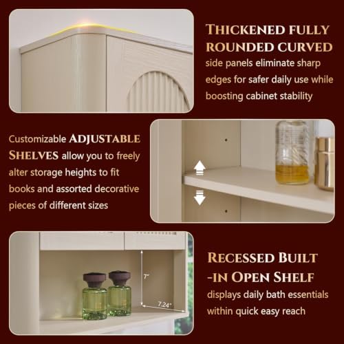 Bathroom Fluted Arched Wall Cabinet, 23.6''W Wood Medicine Cabinet, Cream