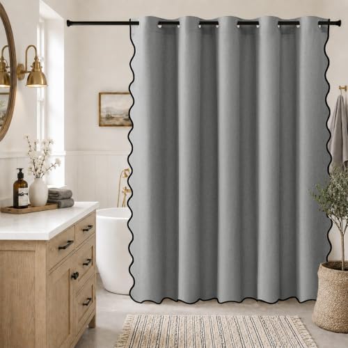 Furlinic No Hook Shower Curtain Scalloped Grey Extra Wide Waterproof 78x75