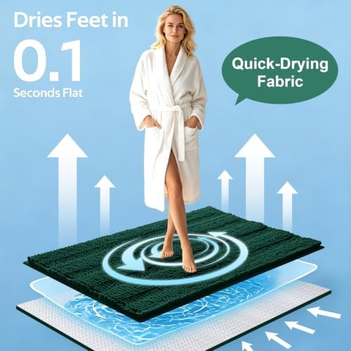 Christmas Striped Deep Green Bathroom Rug Set 3 Pieces Ultra Soft, Non Slip Chenille Bath Carpet, Absorbent Plush Shaggy Bath Mats for Bathroom, Toilet, Bedroom, Kitchen