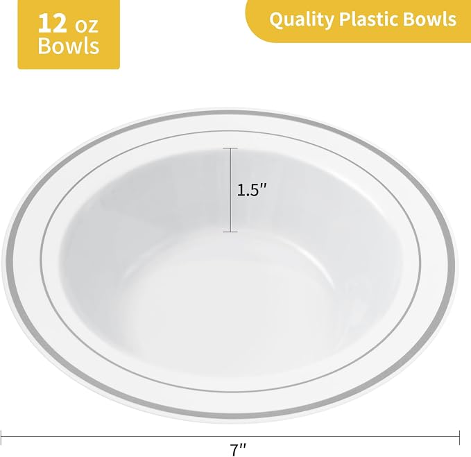 Goodluck 25 Pack Plastic Bowls with Silver Rim, 12oz Disposable Soup Bowls for Weddings, Parties, Dinners, Catering, and Everyday Use