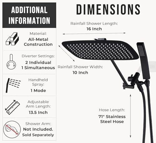 G-Promise All Metal 16" Rain Shower Head with Handheld for Bathroom Upgrade