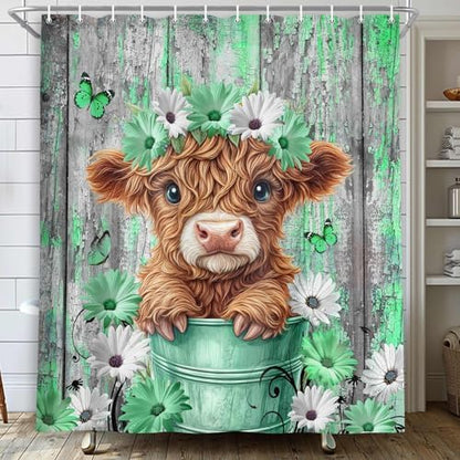 Cow Shower Curtain, Farmhouse Rustic Floral Funny Highland Cow Shower Curtains for Bathroom, Western Cute Daisy Flowers and Butterfly on Country Wooden Farm Animal Bathroom Decor with Hooks 70X75in