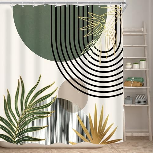 Mid Century Dark Green Boho Abstract Modern Bathroom Shower Curtain Set