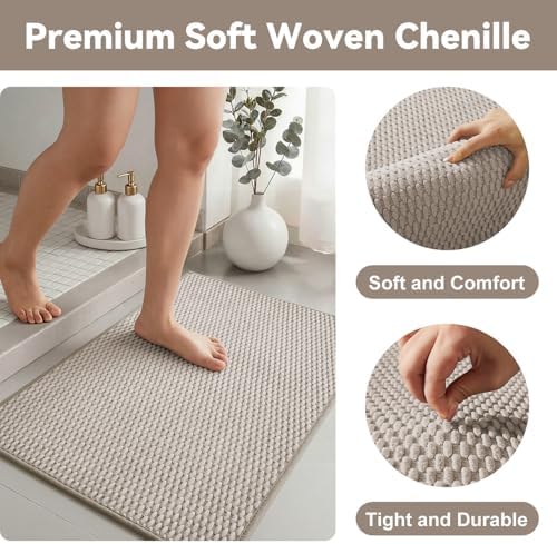 Triohero Bathroom Rugs Non Slip Washable, Super Absorbent Thin Bath Mat Quick Dry Low Pile Bathroom Rug, Beige 24"x47"