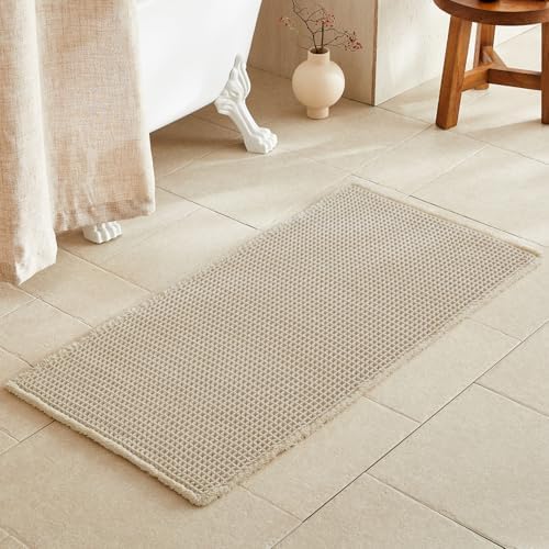 TYUU Waffle Bath Mat, Boho Bathroom Rugs Non Slip, 48x24 Pale Beige