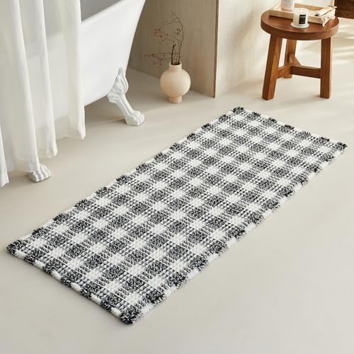 TYUU Waffle Runner Rug Bathroom, Long Boho Bath Mat, 60x24 Black & White