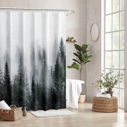 ORTIGIA 84 Inch Long Dark Green Misty Forest Shower Curtain for Bathroom, Nature Woodland Shower Curtain Set with Metal Hooks, Decorative Pine Tree Fog Magic Bath Curtain, Weighted, 72x84
