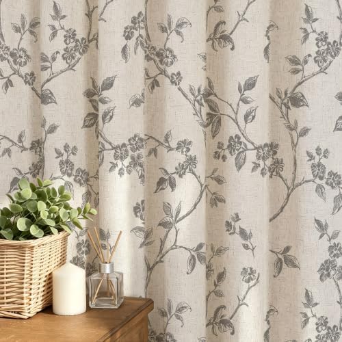 MitoVilla Grey Linen Floral Shower Curtain for Bathroom, 72 x 72
