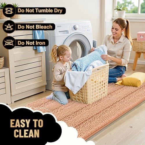 OLANLY Thick Bathroom Rugs 30x20, Soft Chenille Striped Bath Rugs, Peach