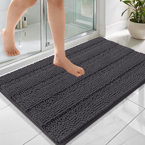 OLANLY Thick Bathroom Rugs 36x24, Chenille Striped Bath Rugs, Dark Grey