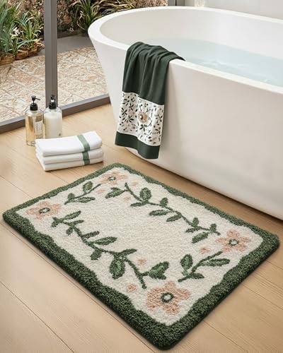 DEXI Boho Floral Bathroom Rugs 36x24, Green Leaf Bath Mat Non Slip Washable