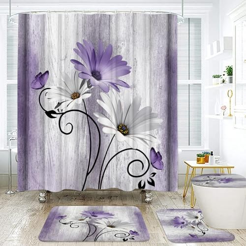 Onalasyc 4PCS Purple Daisy Bathroom Sets with Shower Curtain and Rugs