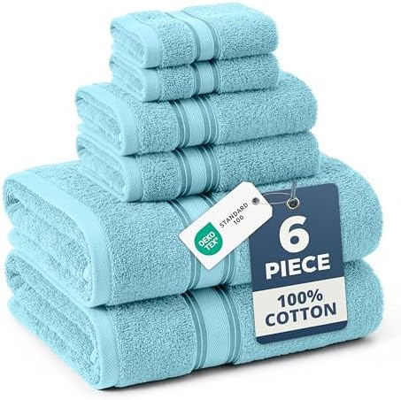 LANE LINEN Bath Towel Set Quick Dry 100% Cotton 6 Piece Soft - Blue