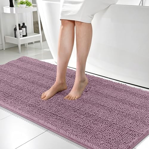 OLANLY Thick Bathroom Runner Rugs 59x24, Soft Chenille Bath Rugs, Deep Plum
