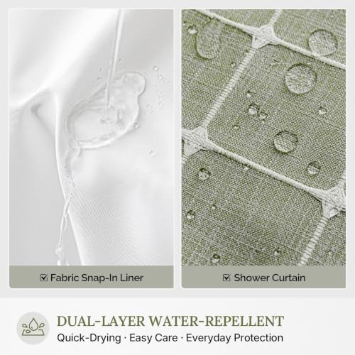 RiverDream Farmhouse No Hooks Shower Curtain with Snap-in Liner,Green,71x74