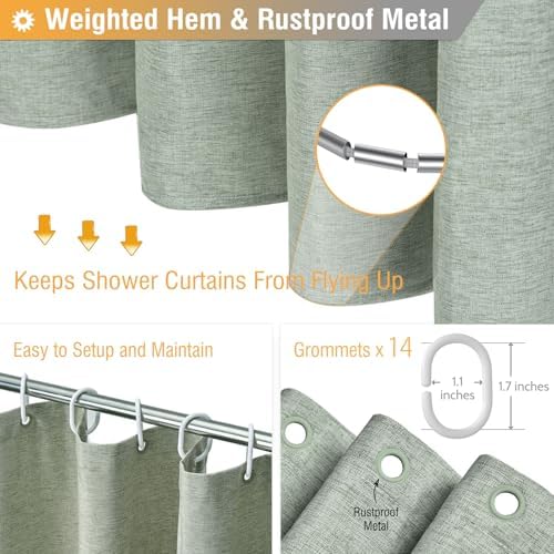 BTTN 84x72 Wide Linen Textured Waterproof Cloth Shower Curtain, Sage Green