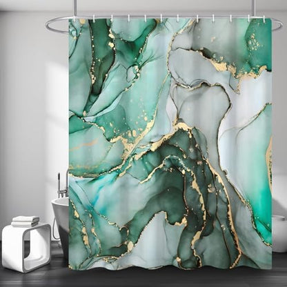 Green Marble Shower Curtain, Modern Abstract Luxury Green Gold Ink Texture Watercolor Art Bathroom Curtains Ombre Machine Washable Waterproof Fabric Bathtub Curtain Set with Hooks 72" Wx84 L